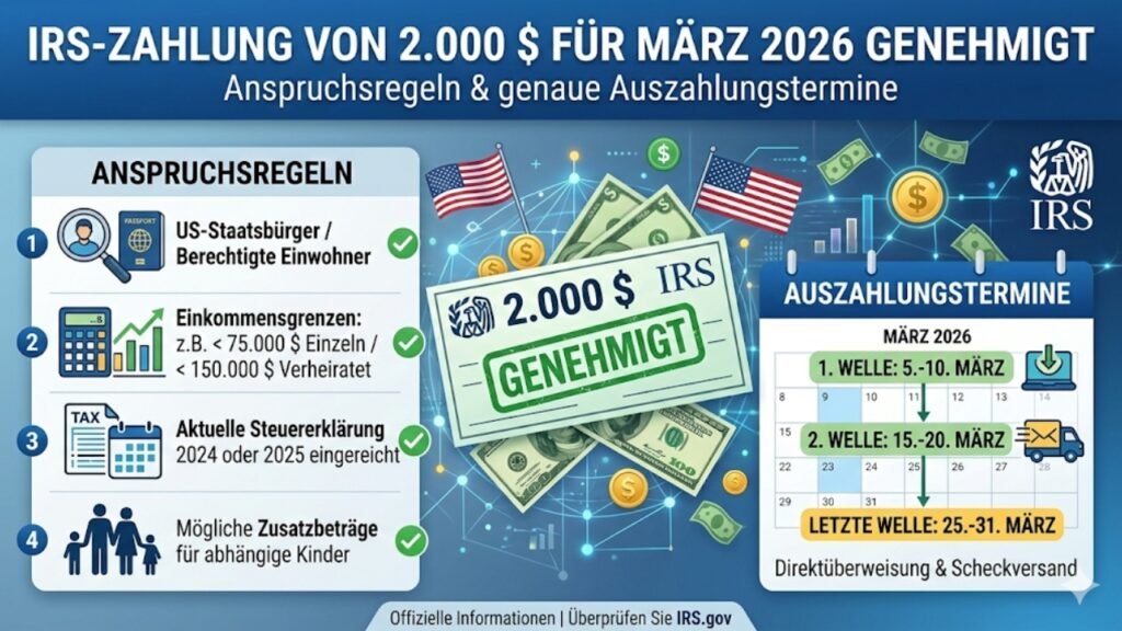 IRS-Zahlung von 2.000 $ für März 2026 genehmigt – Anspruchsregeln & genaue Auszahlungstermine