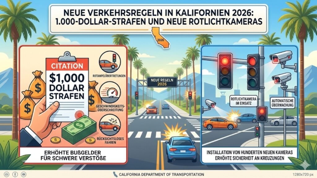 Neue Verkehrsregeln in Kalifornien 2026: 1.000-Dollar-Strafen und neue Rotlichtkameras
