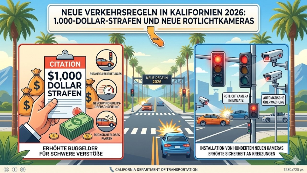 Neue Verkehrsregeln in Kalifornien 2026: 1.000-Dollar-Strafen und neue Rotlichtkameras
